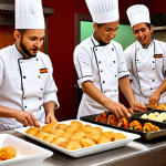 **

A vibrant, bustling scene in an Italian cooking school. Students from diverse backgrounds are working together, preparing dishes from around the world (e.g., Vietnamese spring rolls, Moroccan tagine, Argentinian empanadas). The instructor, a seasoned chef, is demonstrating a technique. The atmosphere is lively and collaborative, highlighting the multicultural aspect of culinary training. Focus on warm lighting and appetizing food visuals.

**