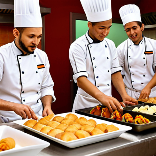 Home 11 **
A vibrant, bustling scene in an Italian cooking school. Students from diverse backgrounds are working together, preparing dishes from around the world (e.g., Vietnamese spring rolls, Moroccan tagine, Argentinian empanadas). The instructor, a seasoned chef, is demonstrating a technique. The atmosphere is lively and collaborative, highlighting the multicultural aspect of culinary training. Focus on warm lighting and appetizing food visuals.
**