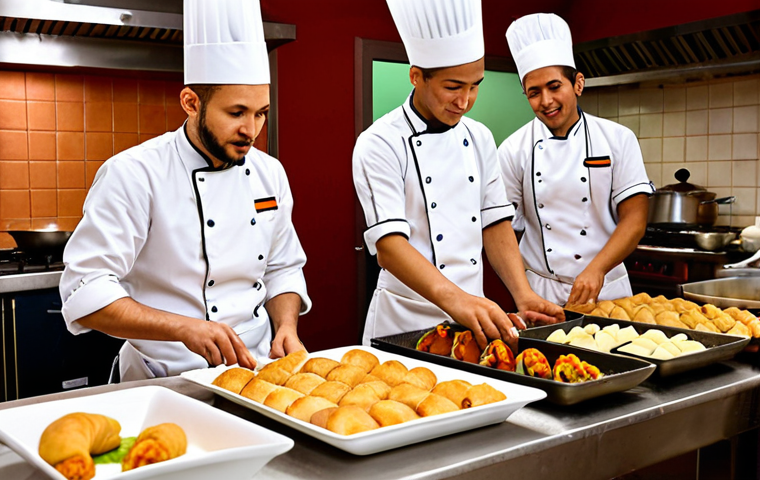 **

A vibrant, bustling scene in an Italian cooking school. Students from diverse backgrounds are working together, preparing dishes from around the world (e.g., Vietnamese spring rolls, Moroccan tagine, Argentinian empanadas). The instructor, a seasoned chef, is demonstrating a technique. The atmosphere is lively and collaborative, highlighting the multicultural aspect of culinary training. Focus on warm lighting and appetizing food visuals.

**