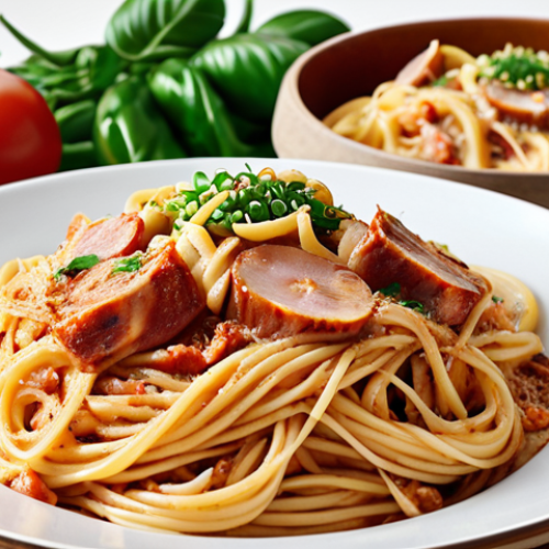 Home 6 Kimchi carbonara pasta, a fusion of Italian and Korean flavors.