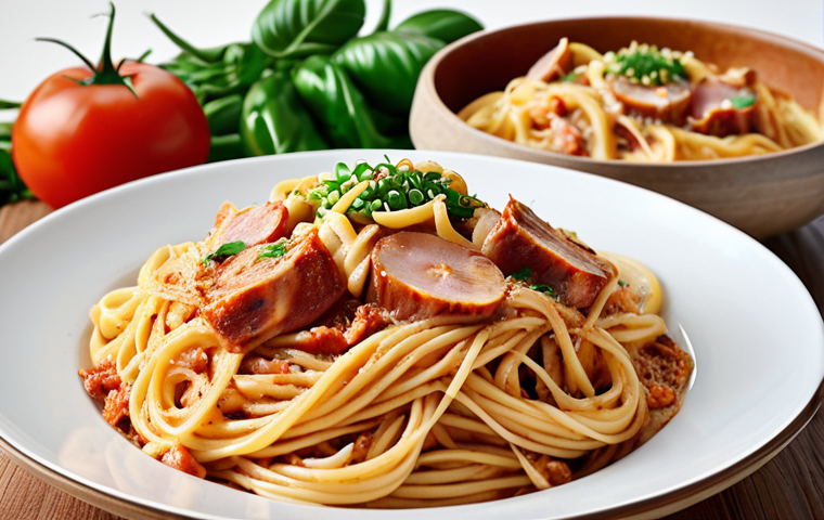 Kimchi carbonara pasta, a fusion of Italian and Korean flavors.