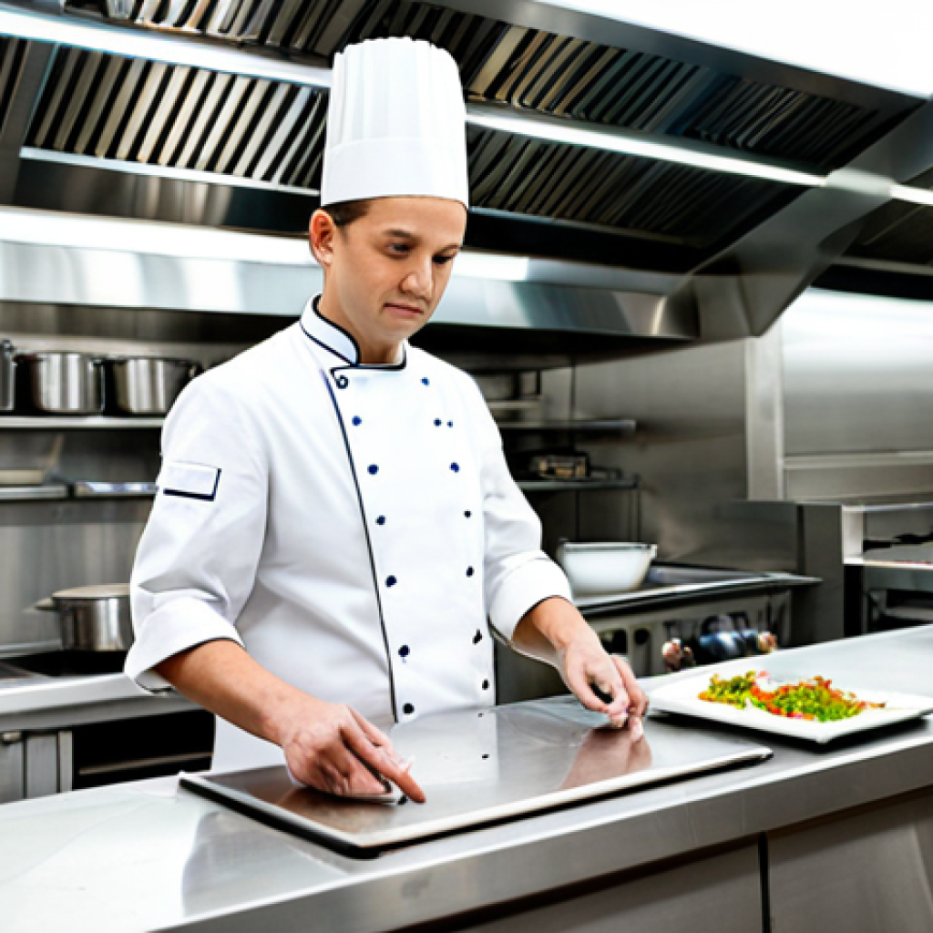 A professional chef with a gentle, focused expression, preparing a culinary dish in a modern, well-lit professional kitchen. The chef is wearing a clean, traditional chef's uniform, fully clothed, appropriate attire, modest clothing. Stainless steel countertops and professional cooking equipment are visible in the background, creating a clean and organized atmosphere. The scene emphasizes culinary expertise and precision. The lighting is soft and natural, contributing to a high-quality, professional photograph. Perfect anatomy, correct proportions, natural pose, well-formed hands, proper finger count, natural body proportions, high quality, safe for work, appropriate content, family-friendly.