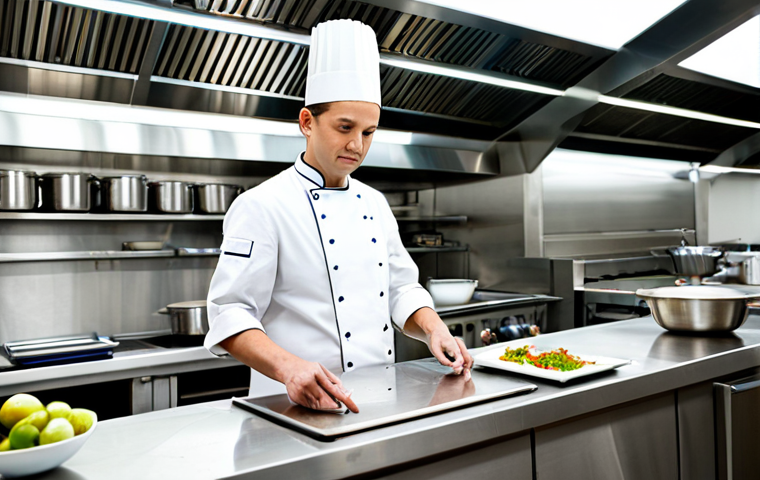 A professional chef with a gentle, focused expression, preparing a culinary dish in a modern, well-lit professional kitchen. The chef is wearing a clean, traditional chef's uniform, fully clothed, appropriate attire, modest clothing. Stainless steel countertops and professional cooking equipment are visible in the background, creating a clean and organized atmosphere. The scene emphasizes culinary expertise and precision. The lighting is soft and natural, contributing to a high-quality, professional photograph. Perfect anatomy, correct proportions, natural pose, well-formed hands, proper finger count, natural body proportions, high quality, safe for work, appropriate content, family-friendly.