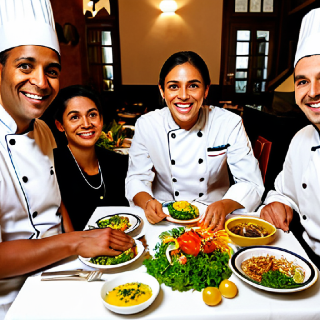 A Chef's Table**

"A diverse group of people seated around a beautifully set table in a warmly lit restaurant. A multicultural chef, fully clothed in a professional uniform, is presenting a dish with fresh, colorful ingredients. The atmosphere is friendly and inviting. Focus on the expressions of delight and connection among the diners. Table setting includes fine Italian glassware and ceramics. safe for work, appropriate content, fully clothed, family-friendly, perfect anatomy, natural proportions, professional photography, high quality."

**