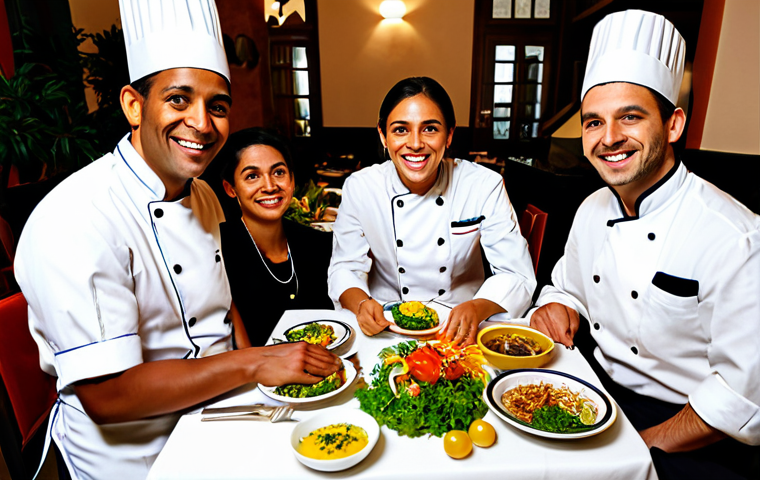 A Chef's Table**

"A diverse group of people seated around a beautifully set table in a warmly lit restaurant. A multicultural chef, fully clothed in a professional uniform, is presenting a dish with fresh, colorful ingredients. The atmosphere is friendly and inviting. Focus on the expressions of delight and connection among the diners. Table setting includes fine Italian glassware and ceramics. safe for work, appropriate content, fully clothed, family-friendly, perfect anatomy, natural proportions, professional photography, high quality."

**