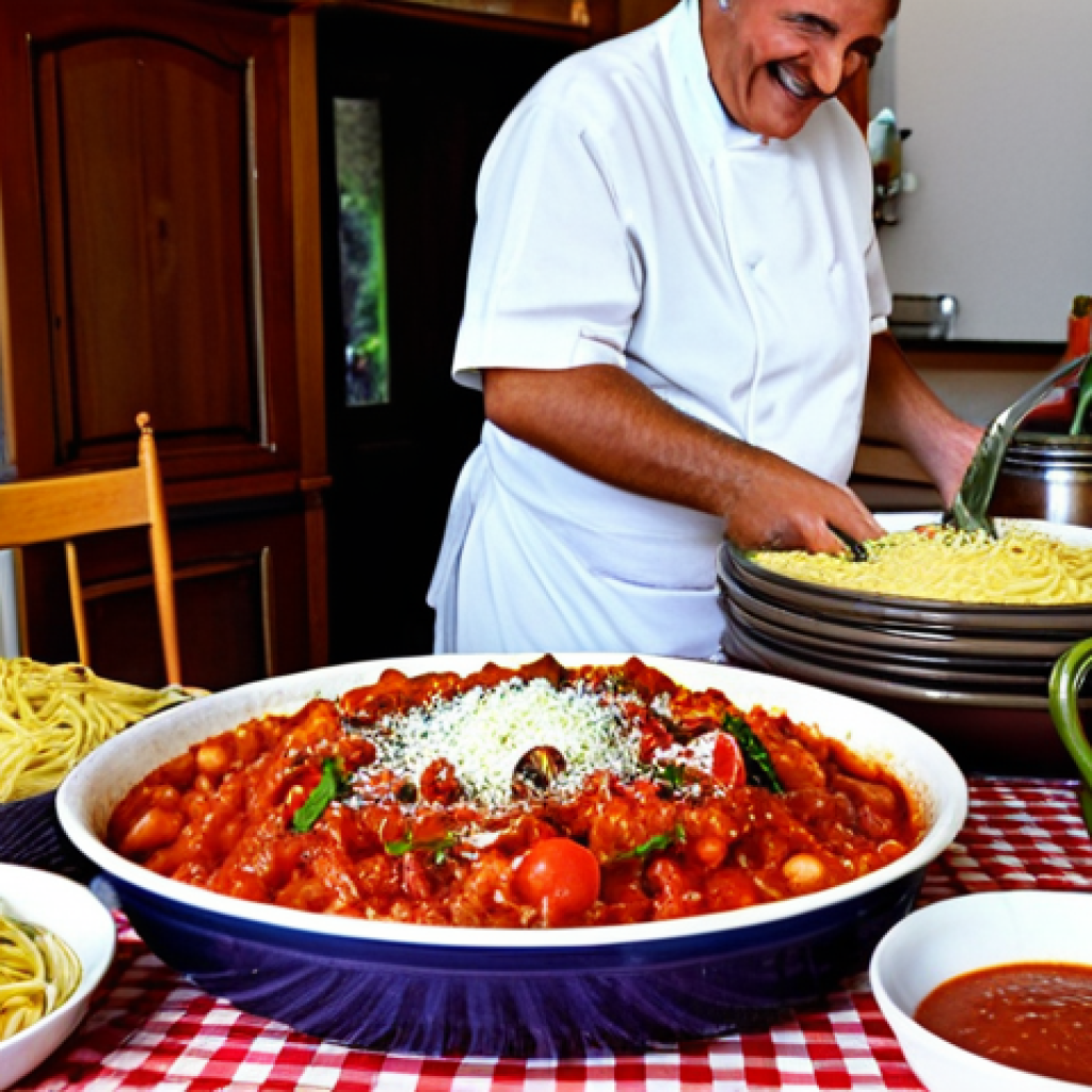 "Pasta alla Norma"**

"A family-friendly scene featuring a table laden with a generous serving of Pasta alla Norma. The pasta is topped with vibrant red tomato sauce, fried eggplant, and grated ricotta salata. Set in a warm, inviting Italian kitchen with checkered tablecloth and terracotta pots. The family around the table are smiling and appear to be enjoying the meal. Fully clothed, appropriate attire, safe for work, professional photography, perfect anatomy, natural proportions, high quality, modest."

**