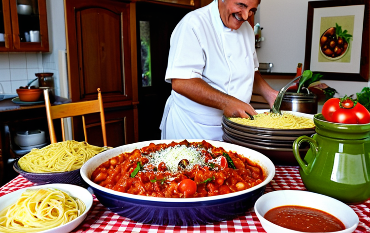 "Pasta alla Norma"**

"A family-friendly scene featuring a table laden with a generous serving of Pasta alla Norma. The pasta is topped with vibrant red tomato sauce, fried eggplant, and grated ricotta salata. Set in a warm, inviting Italian kitchen with checkered tablecloth and terracotta pots. The family around the table are smiling and appear to be enjoying the meal. Fully clothed, appropriate attire, safe for work, professional photography, perfect anatomy, natural proportions, high quality, modest."

**