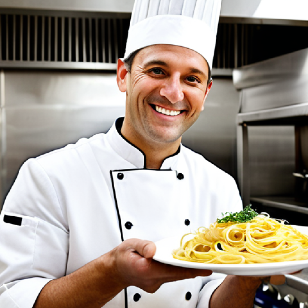 **

"A professional chef, fully clothed in a clean white chef's coat, smiling warmly in a brightly lit, modern Italian restaurant kitchen. He's holding a plate of freshly made pasta.  Background includes gleaming stainless steel appliances and other chefs working diligently. Safe for work, appropriate content, perfect anatomy, natural pose, professional, high quality, well-formed hands, proper finger count, natural body proportions, modest attire."

**