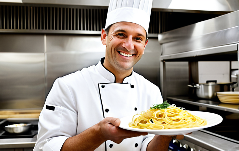 **

"A professional chef, fully clothed in a clean white chef's coat, smiling warmly in a brightly lit, modern Italian restaurant kitchen. He's holding a plate of freshly made pasta.  Background includes gleaming stainless steel appliances and other chefs working diligently. Safe for work, appropriate content, perfect anatomy, natural pose, professional, high quality, well-formed hands, proper finger count, natural body proportions, modest attire."

**