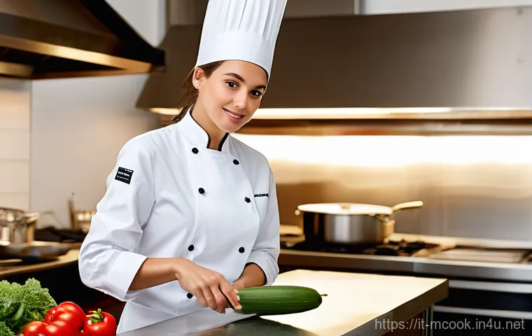 다문화 요리사의 해외 취업 사례 - **Prompt:** A young, enthusiastic female Italian chef in her late 20s, wearing a clean, white chef's...