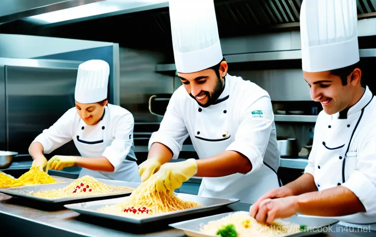 다문화 요리사 네트워킹 팁 - **Prompt 1: A Dynamic Multicultural Kitchen Collaboration**
    A wide shot of a modern, bustling pr...