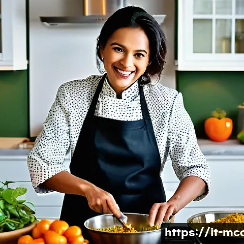 다문화 요리사와 요리 블로그 운영 - **A Globetrotter Chef's Culinary Fusion in a Vibrant Kitchen**
    A charismatic female chef, approx...