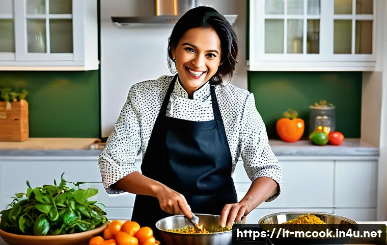 다문화 요리사와 요리 블로그 운영 - **A Globetrotter Chef's Culinary Fusion in a Vibrant Kitchen**
    A charismatic female chef, approx...