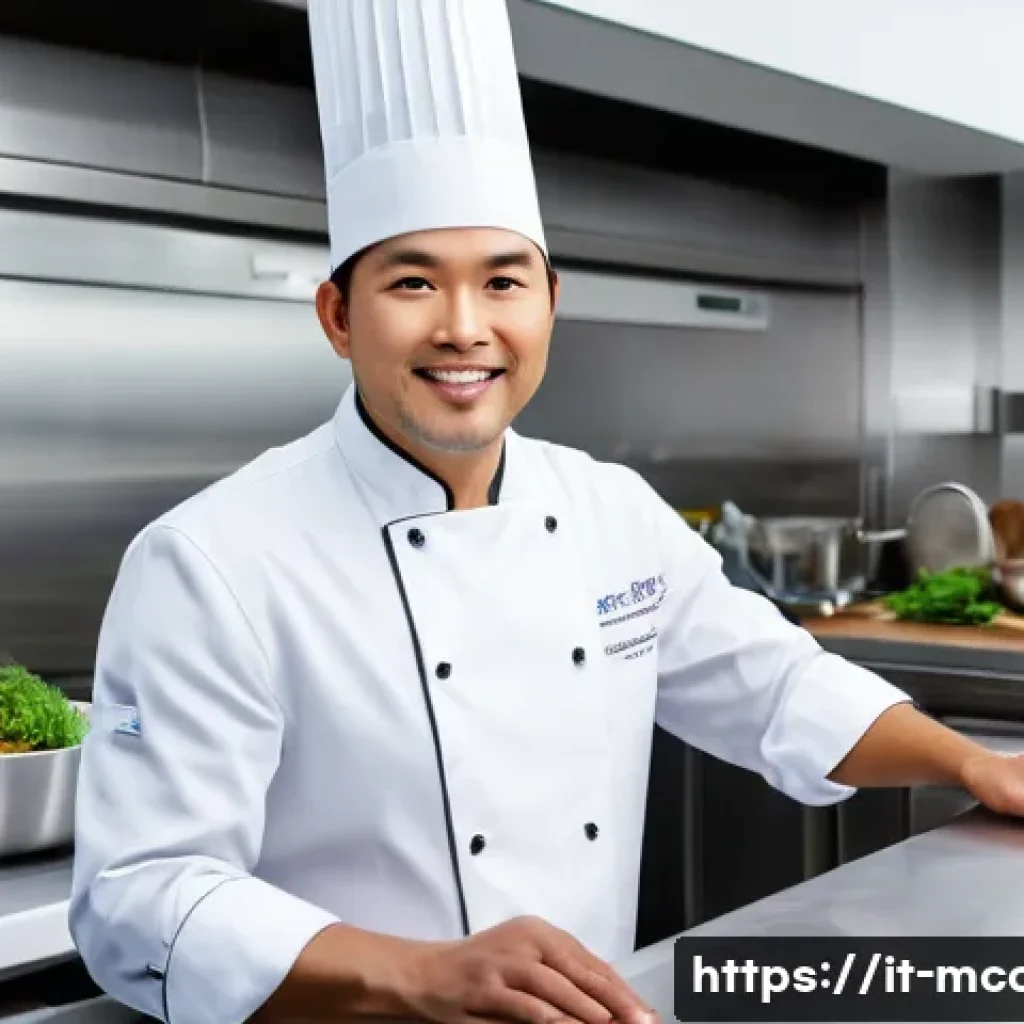 다문화 요리사 취업 포트폴리오 작성법 - A professional multicultural chef in a modern kitchen setting, showcasing a fusion dish that combine...