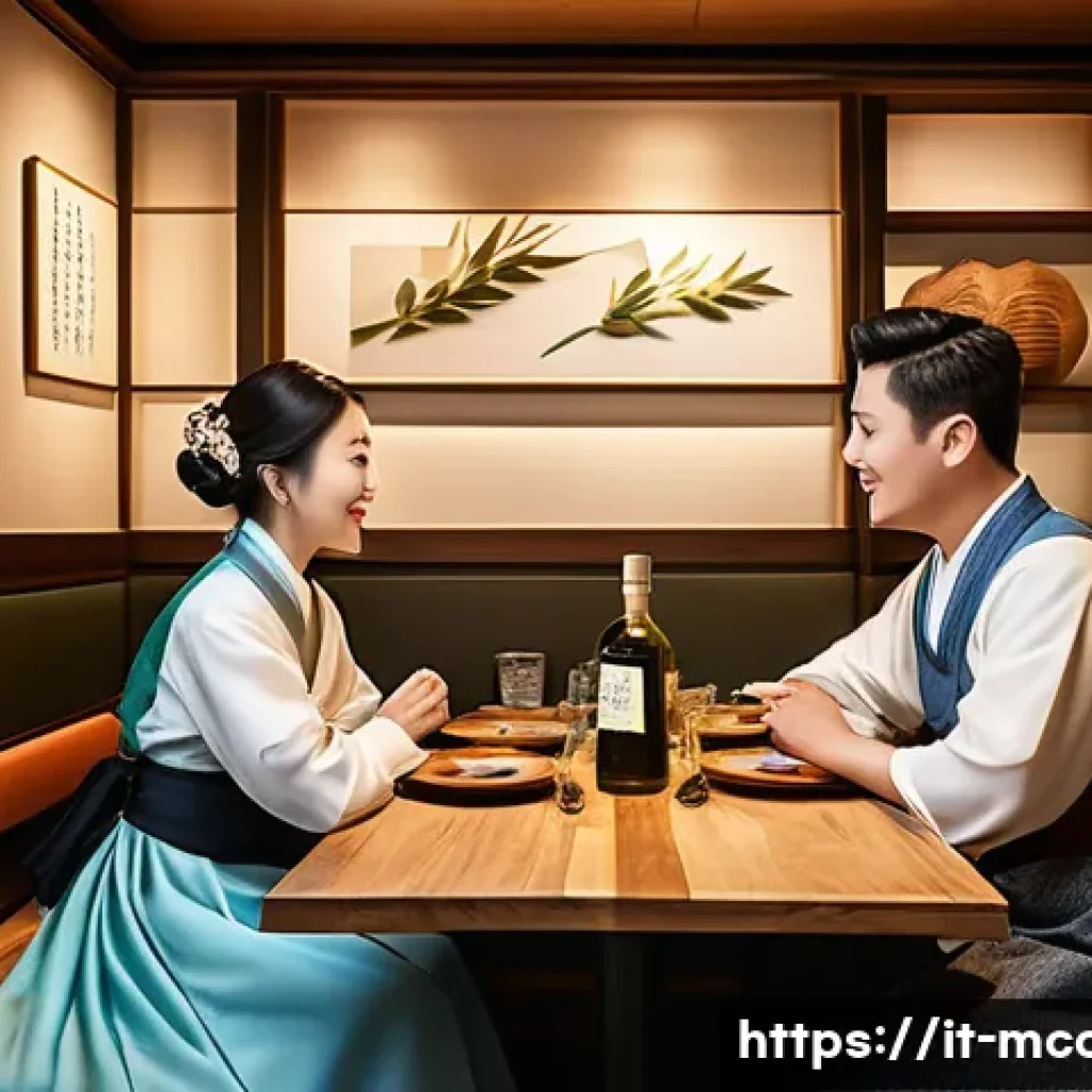 다문화 요리사와 고객 서비스 노하우 - A sophisticated restaurant interior blending Italian and Korean cultural elements, featuring warm am...