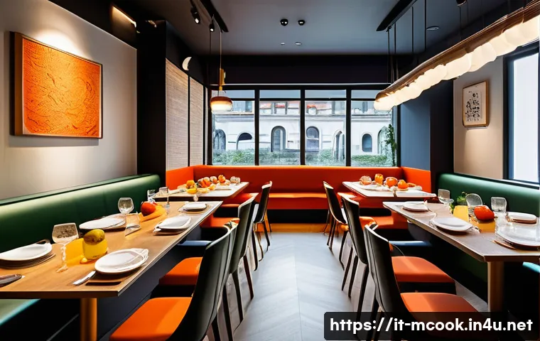 다문화 요리사와 한식 세계화 - A stylish fusion restaurant interior in Milan showcasing a modern dining space blending Italian and ...