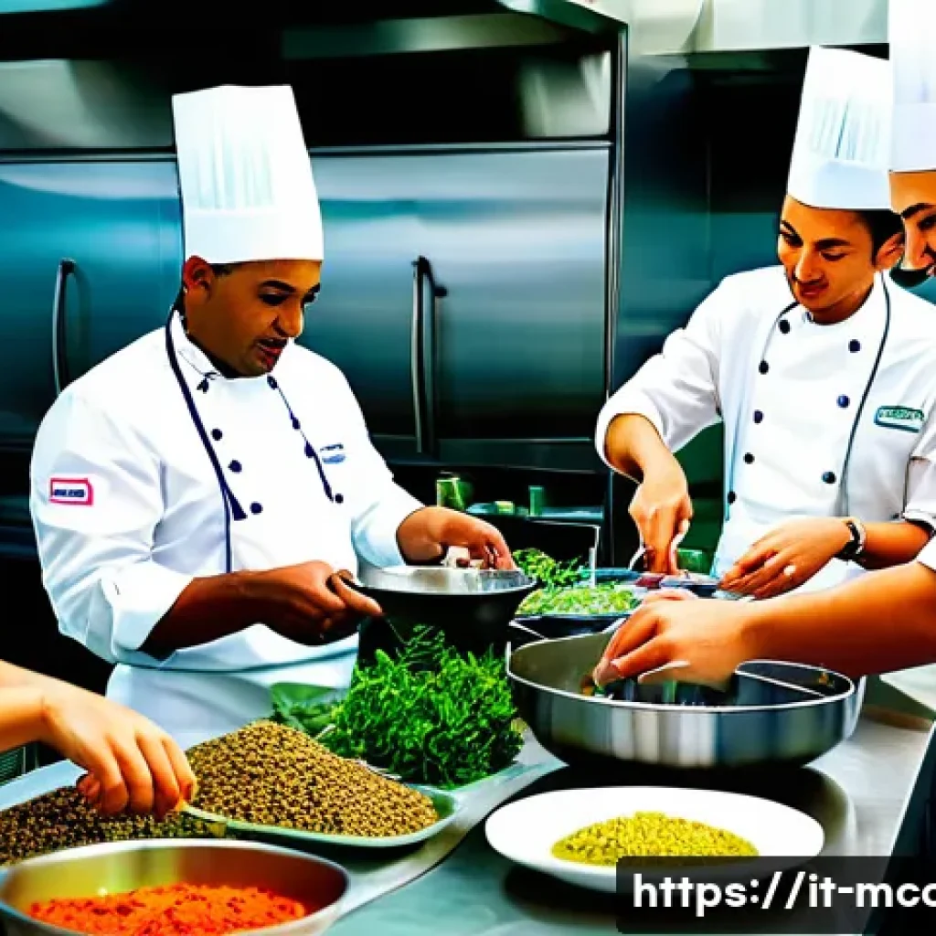 다문화 요리사의 장단점 - A vibrant multicultural kitchen scene showcasing chefs of diverse ethnic backgrounds collaboratively...