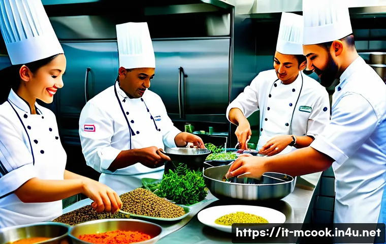 다문화 요리사의 장단점 - A vibrant multicultural kitchen scene showcasing chefs of diverse ethnic backgrounds collaboratively...