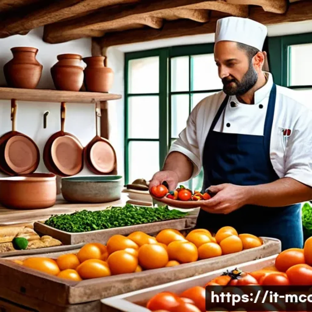 다문화 요리사와 지속 가능한 요리 - A rustic Italian kitchen scene showcasing a chef carefully selecting fresh, vibrant local ingredient...