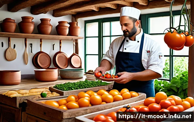 다문화 요리사와 지속 가능한 요리 - A rustic Italian kitchen scene showcasing a chef carefully selecting fresh, vibrant local ingredient...