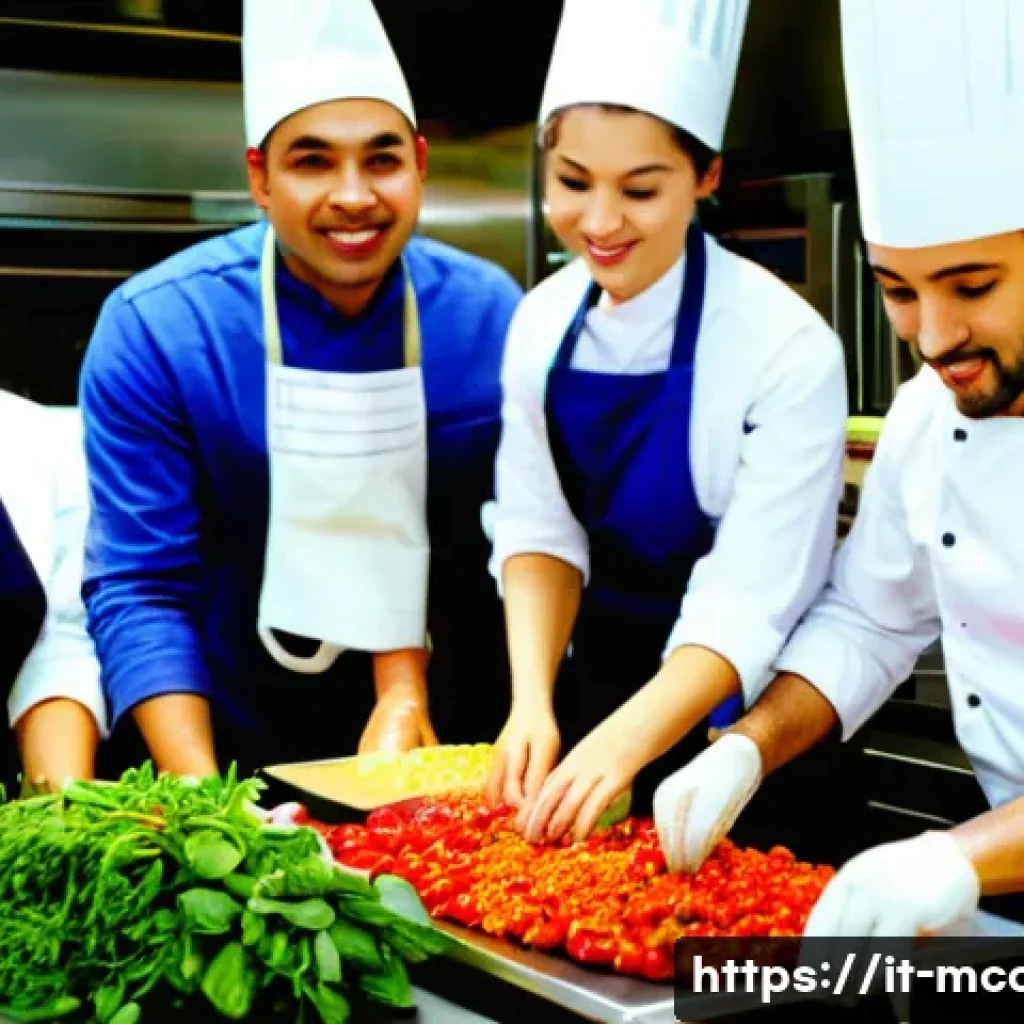 다문화 요리사 경력 개발 프로그램 - A multicultural professional kitchen scene featuring a diverse team of chefs from different ethnic b...