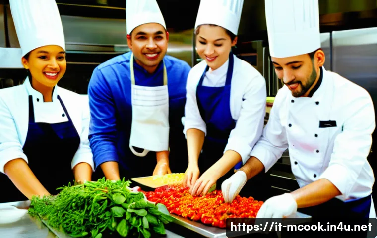 다문화 요리사 경력 개발 프로그램 - A multicultural professional kitchen scene featuring a diverse team of chefs from different ethnic b...