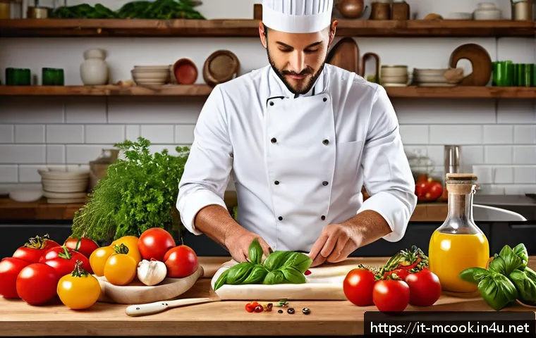 다문화 요리사 이직 성공 전략 - A modern Italian kitchen scene showcasing a multicultural chef preparing a fusion dish combining tra...