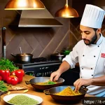 Home 21 다문화 요리사로서 겪는 문화 충격 - A vibrant, warmly lit kitchen scene showcasing a multicultural culinary workspace. The image feature...