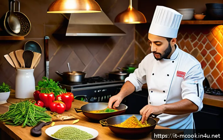 다문화 요리사로서 겪는 문화 충격 - A vibrant, warmly lit kitchen scene showcasing a multicultural culinary workspace. The image feature...