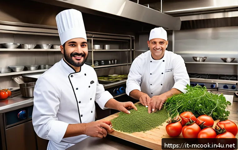 다문화 요리사의 요리 경연대회 준비 - A vibrant multicultural kitchen scene showcasing chefs of diverse ethnicities collaboratively prepar...