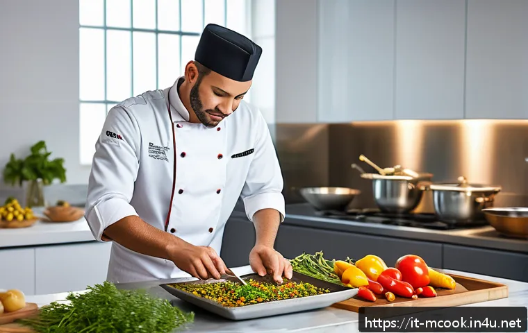 다문화 요리사의 글로벌 시장 진출 - A vibrant, modern kitchen scene showcasing a multicultural chef—wearing stylish professional chef’s ...