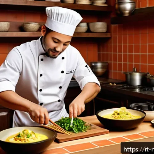 Home 17 다문화 요리사의 글로벌 트렌드 해석 - A vibrant fusion cuisine scene showcasing a rustic Italian kitchen with a multicultural chef prepari...