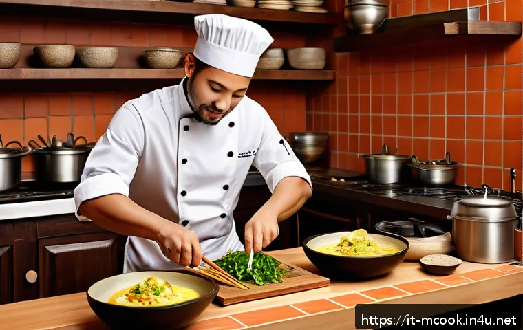 다문화 요리사의 글로벌 트렌드 해석 - A vibrant fusion cuisine scene showcasing a rustic Italian kitchen with a multicultural chef prepari...