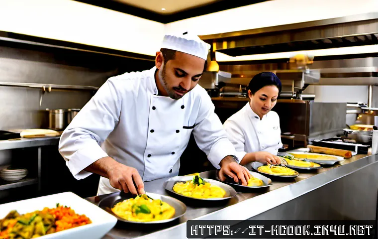 다문화 요리사 업계 트렌드 - Photorealistic editorial photograph of a multicultural chef team collaborating in a contemporary Mil...
