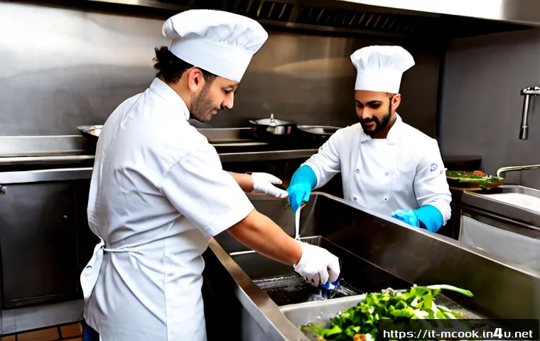 다문화 요리사와 안전 위생 관리 - Photorealistic diverse culinary team in a bright modern Italian restaurant kitchen, an Italian head ...