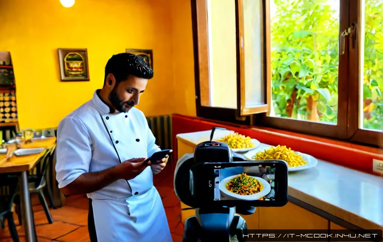 다문화 요리사와 소셜 미디어 활용법 - Photorealistic multicultural chef in a bright Italian trattoria kitchen, wearing a clean chef jacket...